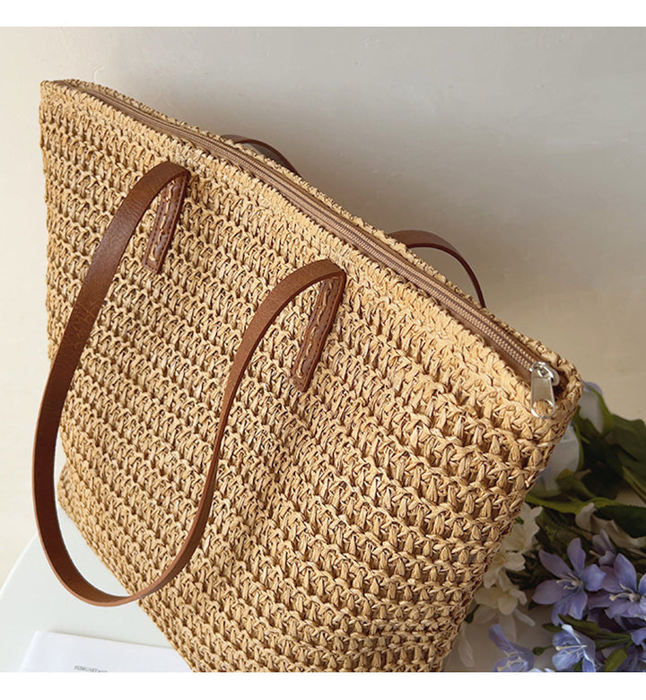 Rattan Woven Bag with Leather Straps - SummerBreeze Tote-Brown-The Livary