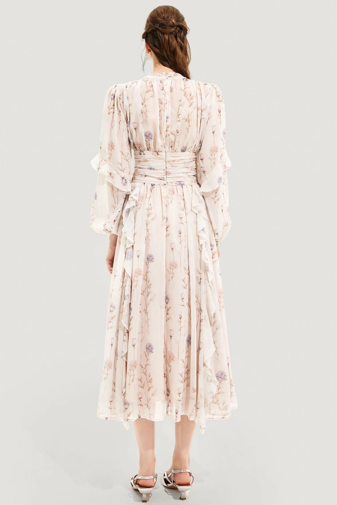 Summer dress with floral pattern and pleated skirt – Alina-Beige-S-The Livary
