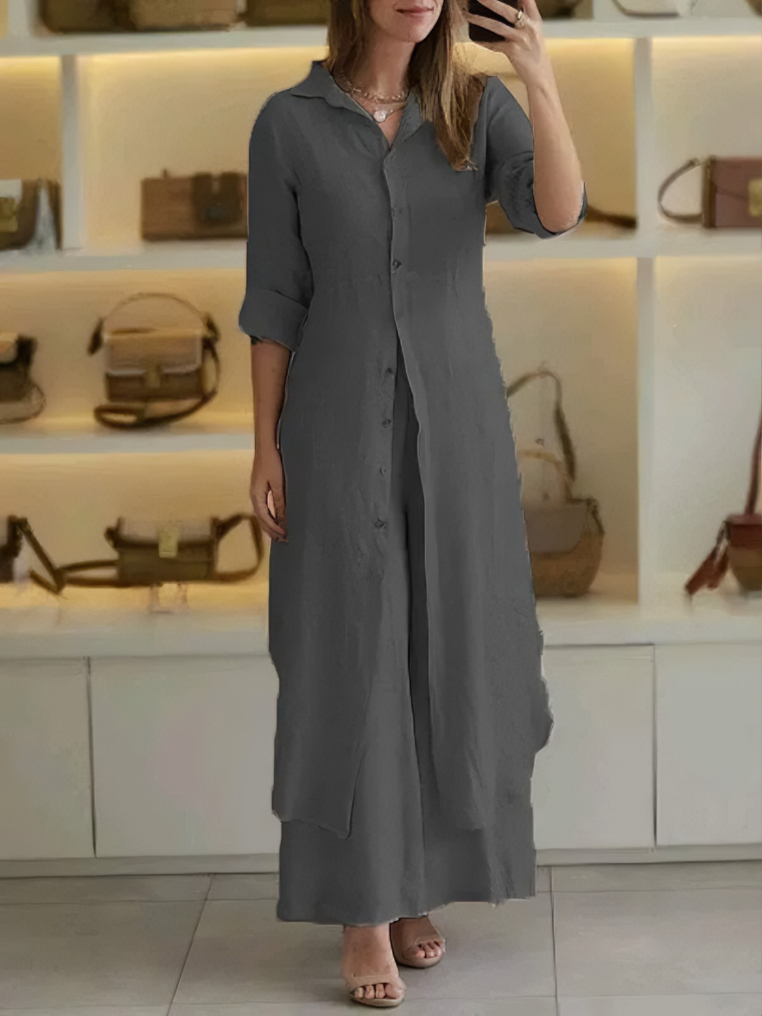 Two-piece ladies' summer set made of linen – Amaya-Dark grey-S-The Livary