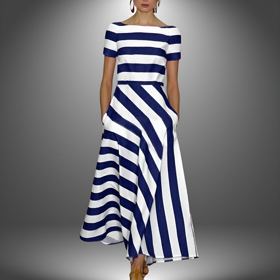 Striped & Stylish Maxi Dress with Short Sleeves – Noemi-Blue-S-The Livary