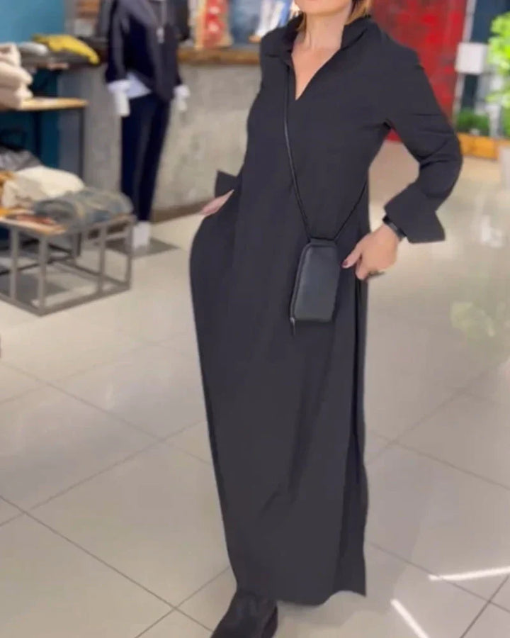 Long Loose Dress with Side Slit - Noémie-Black-S-The Livary