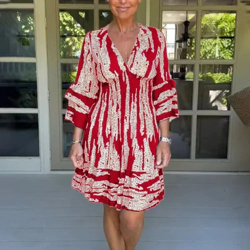 Airy & Stylish Women's Dress with V-Neck and 3/4 Sleeves – Elina-Red-S-The Livary