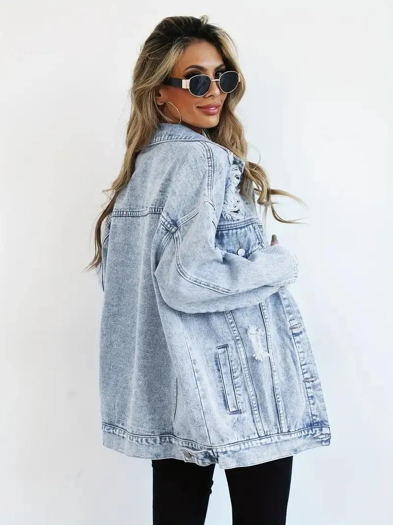 Waterproof & Lined Oversized Women's Denim Jacket with Hood – Talia-Light blue-S-The Livary