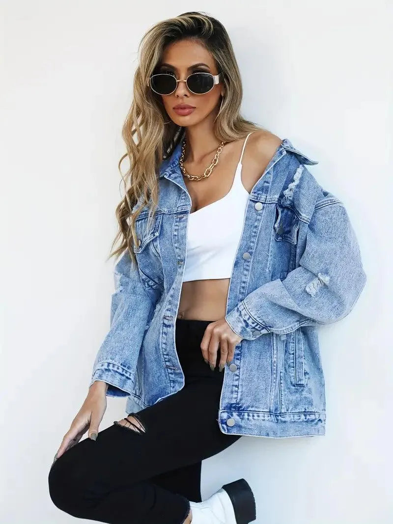 Waterproof & Lined Oversized Women's Denim Jacket with Hood – Talia-Blue-S-The Livary