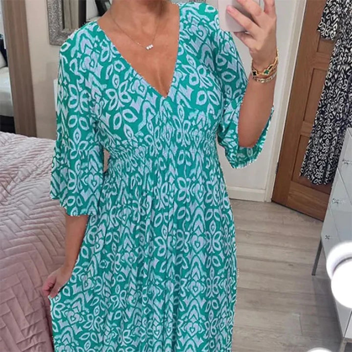 Long Floral Dress with V-neck – Liora-S-Light blue-The Livary