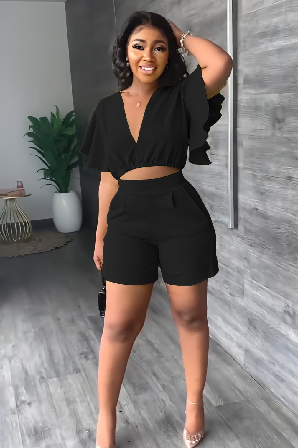 Trendy summer two-piece set with pleated design – Marlene-Black-S-The Livary