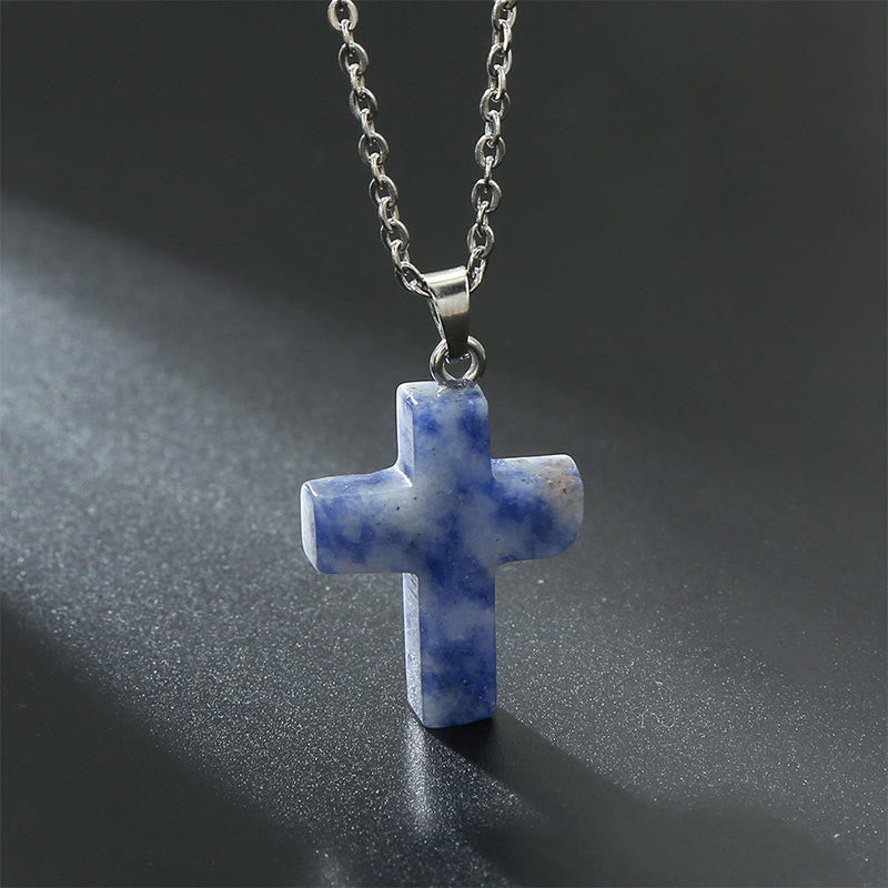 Necklace with Cross of Natural Gemstones - Seraphina-Sodaliet-The Livary