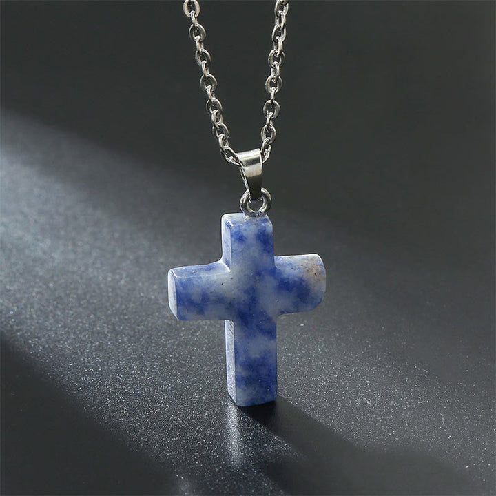 Necklace with Cross of Natural Gemstones - Seraphina-Sodaliet-The Livary