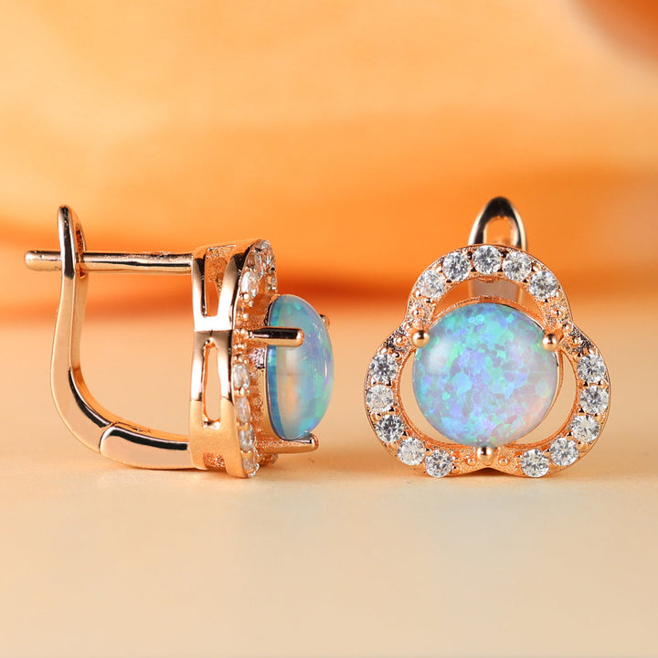 White Opal & Zircon Clover Leaf Earrings - Elara-Blue Opal and Rose Gold-The Livary