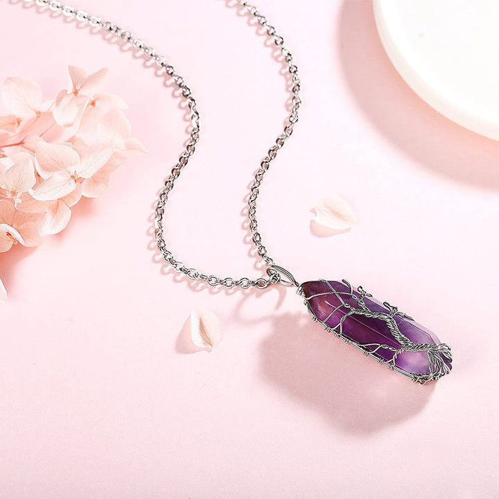 Stylish Crystal with Tree of Life Gemstone Necklace - Elara-Green Aventurine-The Livary