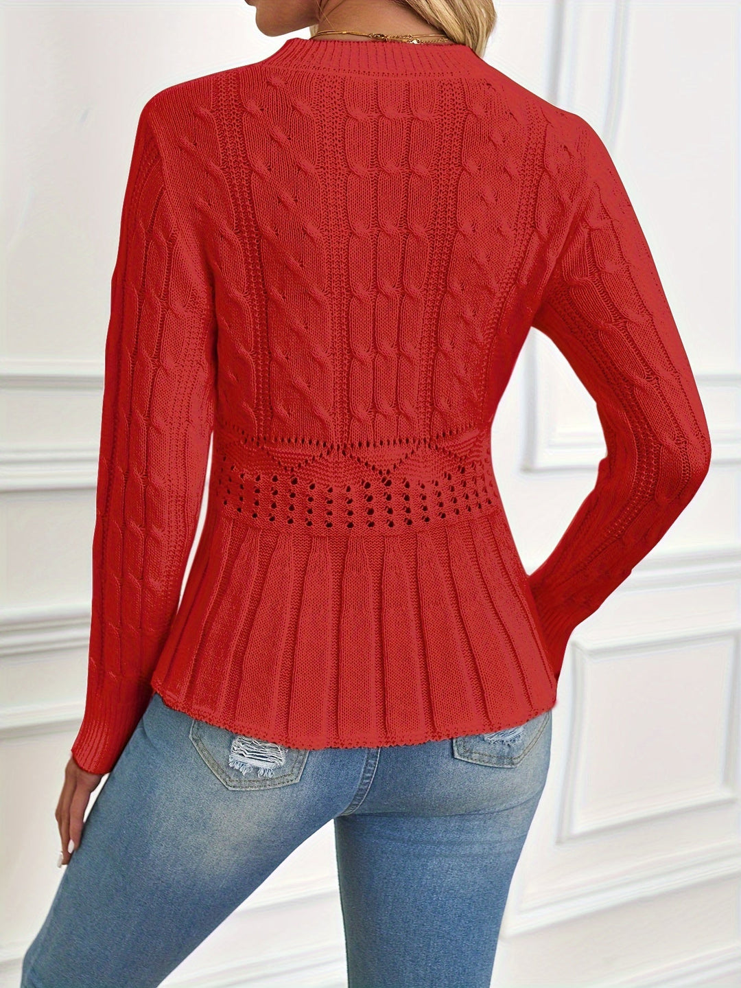 Chunky Cable Knit Sweater with Round Neck - Elena-Beige-S-The Livary