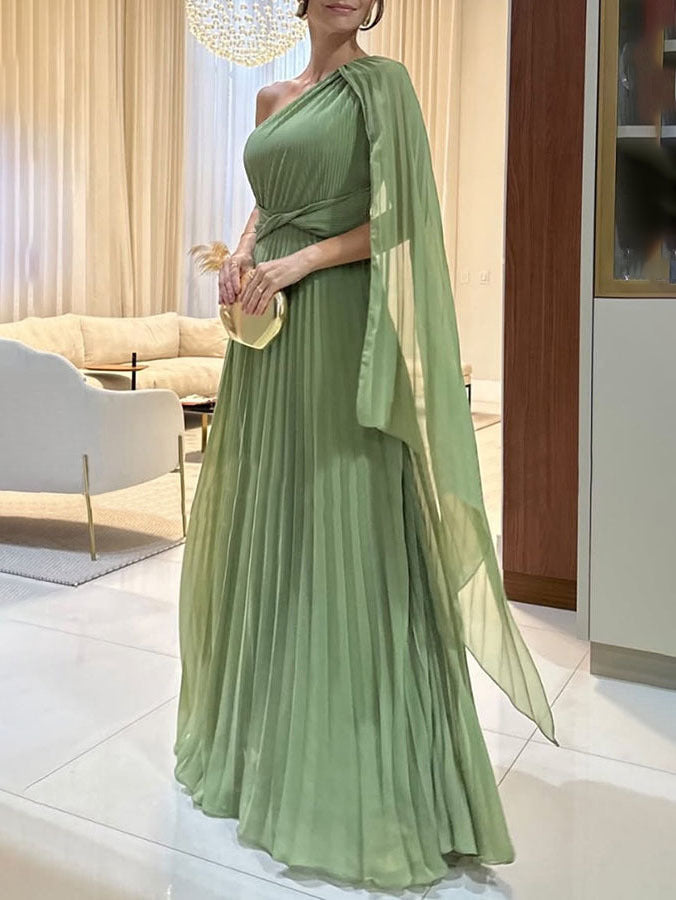 Trendy one-shoulder maxi dress with pleats – Mirella-Green-XS-The Livary