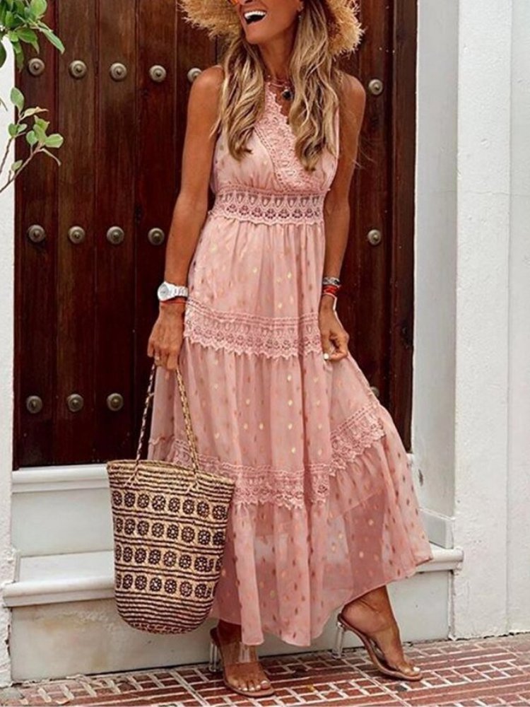 Airy Boho summer dress in Ibiza style with V-neck - Niva-Pink-S-The Livary