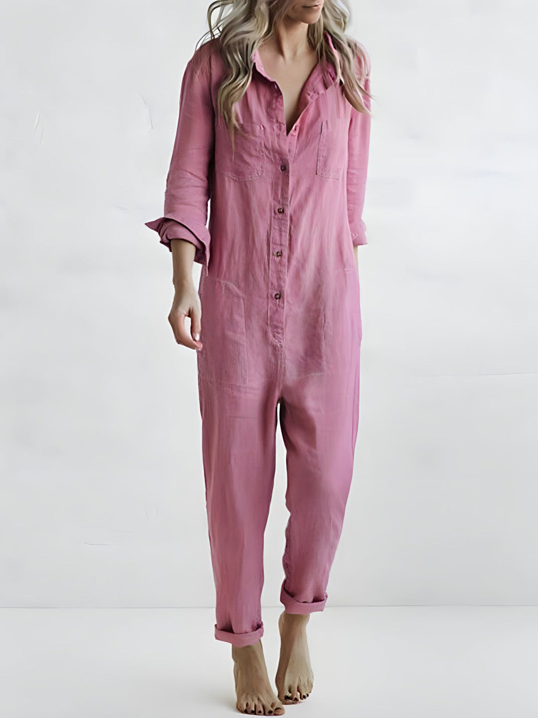 Casual women's jumpsuit with button placket – Amira-Pink-S-The Livary