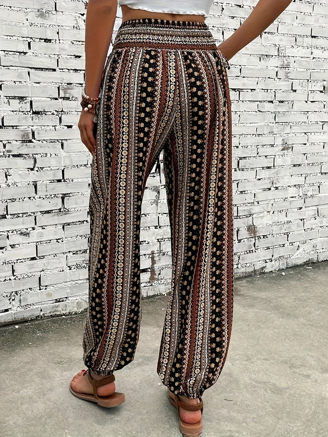 Boho High-Waist Women's Trousers with Print & Smocked Waistband – Linara-Dark brown-S-The Livary
