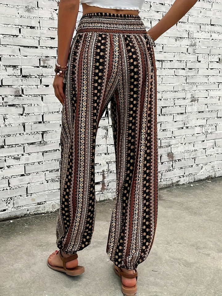 Boho High-Waist Women's Trousers with Print & Smocked Waistband – Linara-Dark brown-S-The Livary