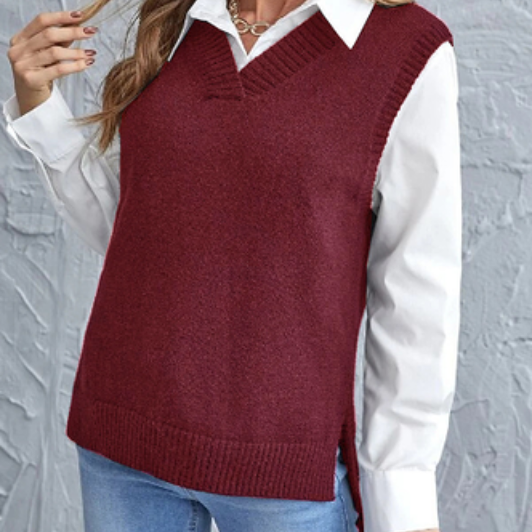 Soft Knitted Vest with V-Neck - Faye-Red-S-The Livary
