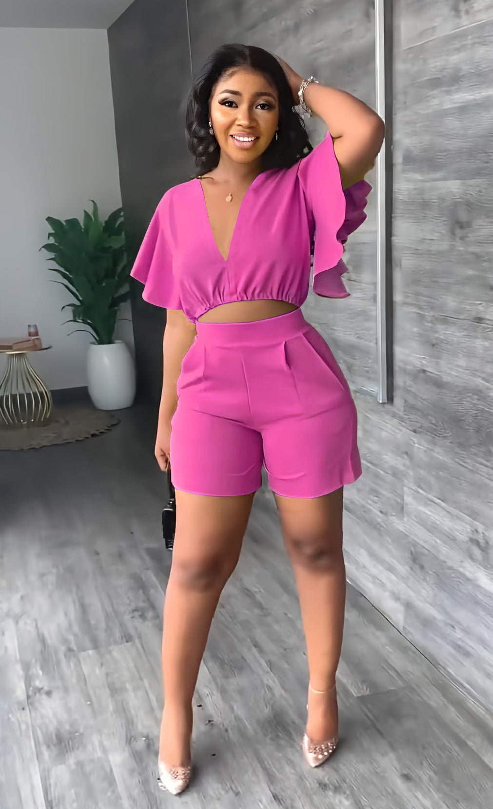 Trendy summer two-piece set with pleated design – Marlene-Rose pink-S-The Livary