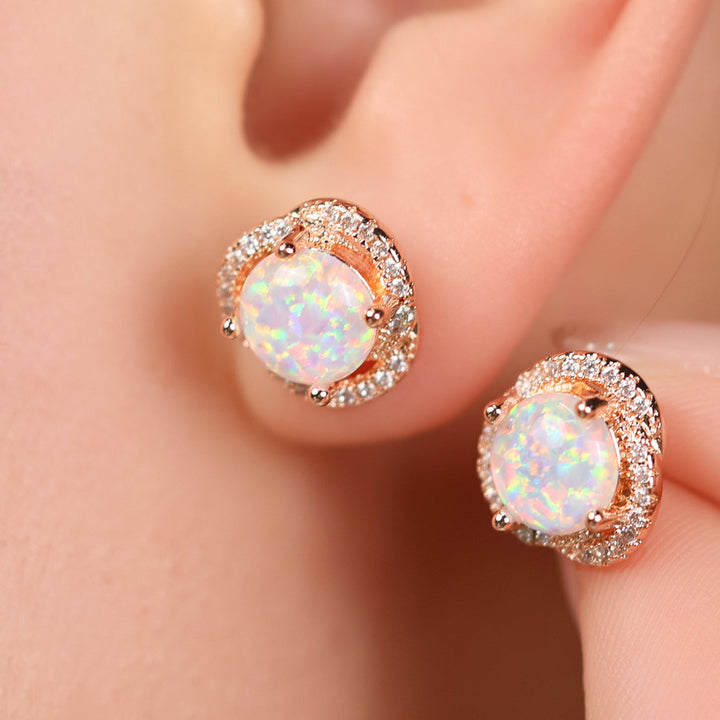 White Opal & Zircon Clover Leaf Earrings - Elara-White Opal and Rose Gold-The Livary