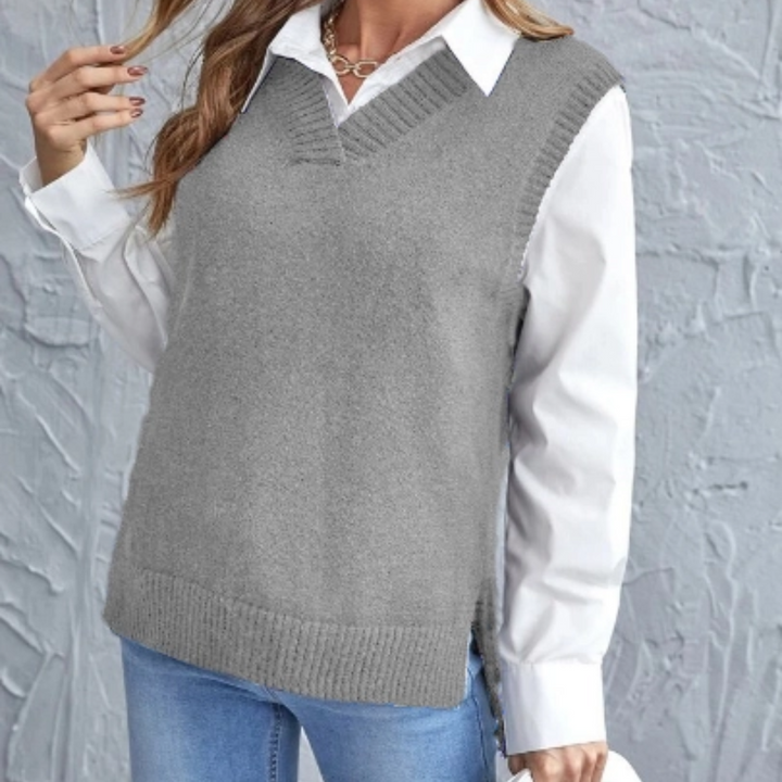 Soft Knitted Vest with V-Neck - Faye-Grey-S-The Livary