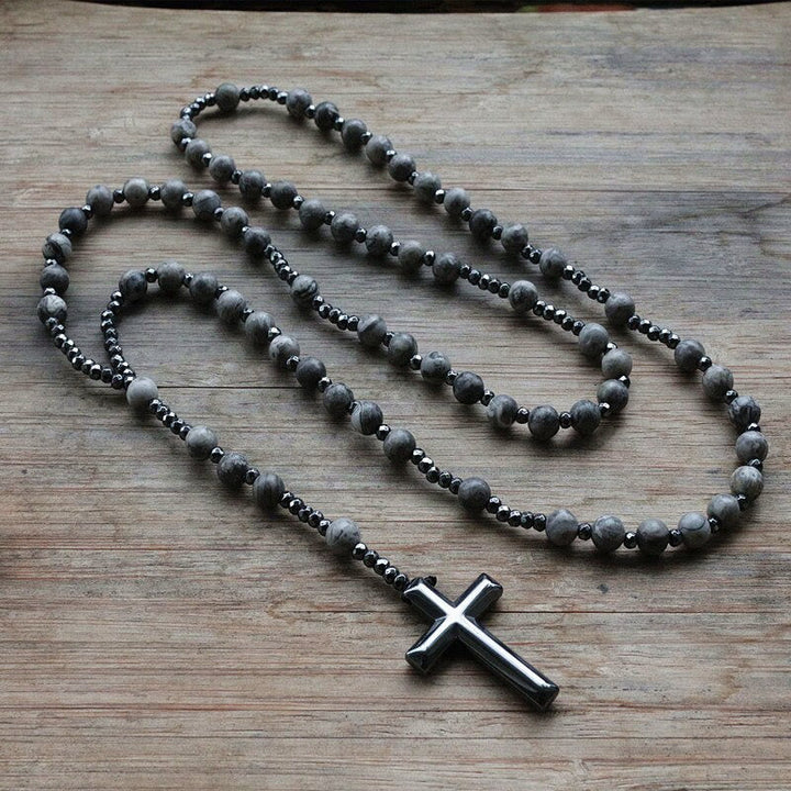 Tiger Eye and Lapis Lazuli Cross Rosary Necklace for Men - Orion-Grey Jasper-The Livary