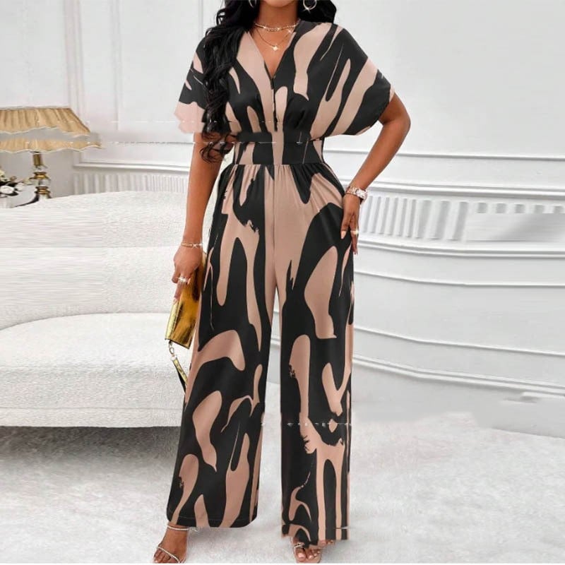 Summery print jumpsuit with V-neck – Noemi-Khaki Black-S-The Livary