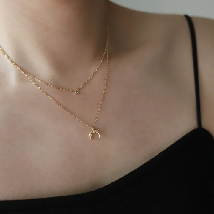 Green Diamond Double Crescent Moon Necklace - Selina-The Livary