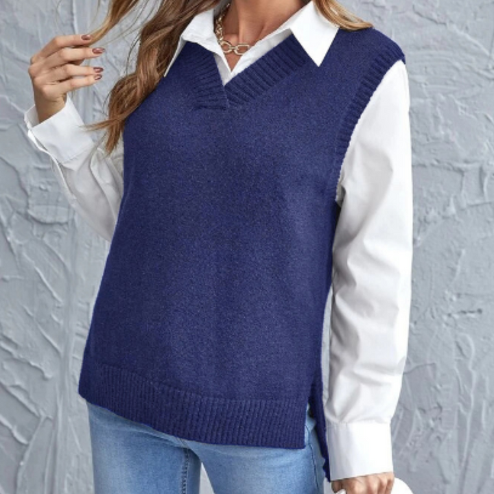 Soft Knitted Vest with V-Neck - Faye-Blue-S-The Livary
