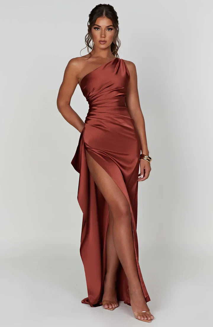 Satin Split Dress with One Shoulder - Vivienne-Red-XS-The Livary