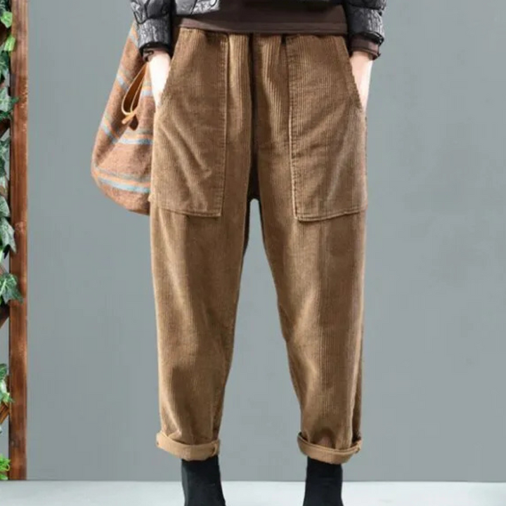 Casual Ribbed Velvet Trousers for Women - Marlowe-Khaki-XS-The Livary