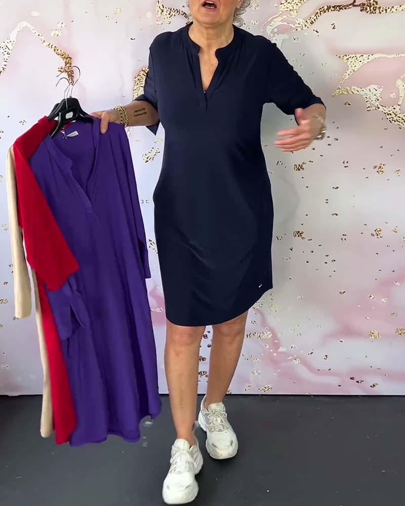 Stylish women's midi dress with V-neck and convertible sleeves – Naria-Navy blue-S-The Livary