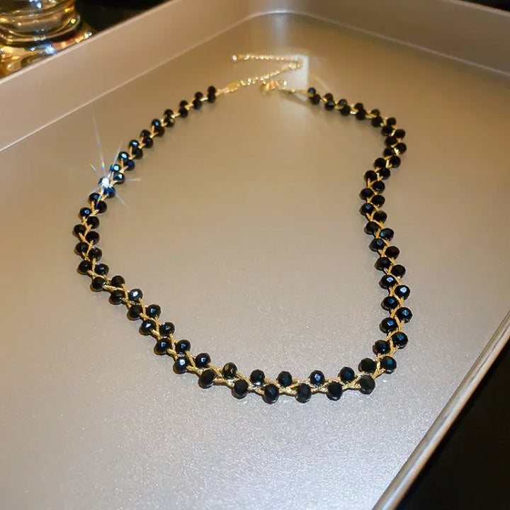 Double Crystals and Pearls Necklace - Amira-Black Crystal-The Livary