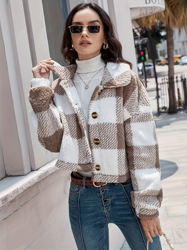 Checked Teddy Jacket with Button Closure - Clara-Brown-XS-The Livary