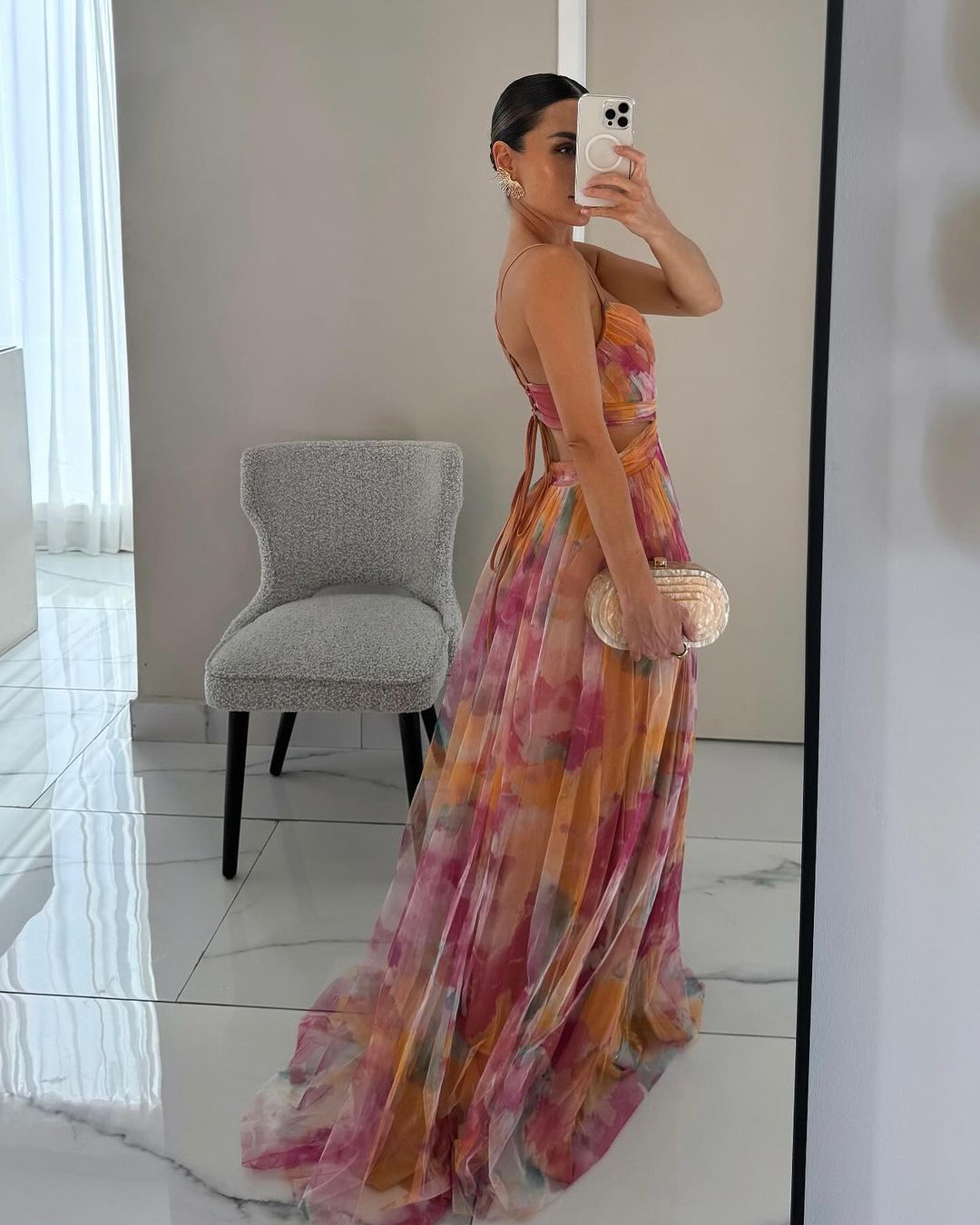 Elegant mesh maxi dress with a figure-hugging cut – Camille-Orange-S-The Livary