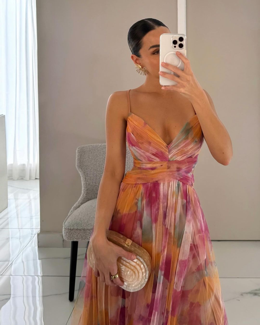 Elegant mesh maxi dress with a figure-hugging cut – Camille-Orange-S-The Livary