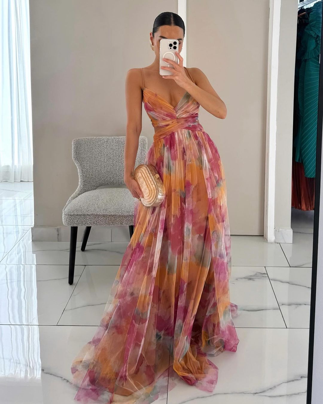 Elegant mesh maxi dress with a figure-hugging cut – Camille-Orange-S-The Livary