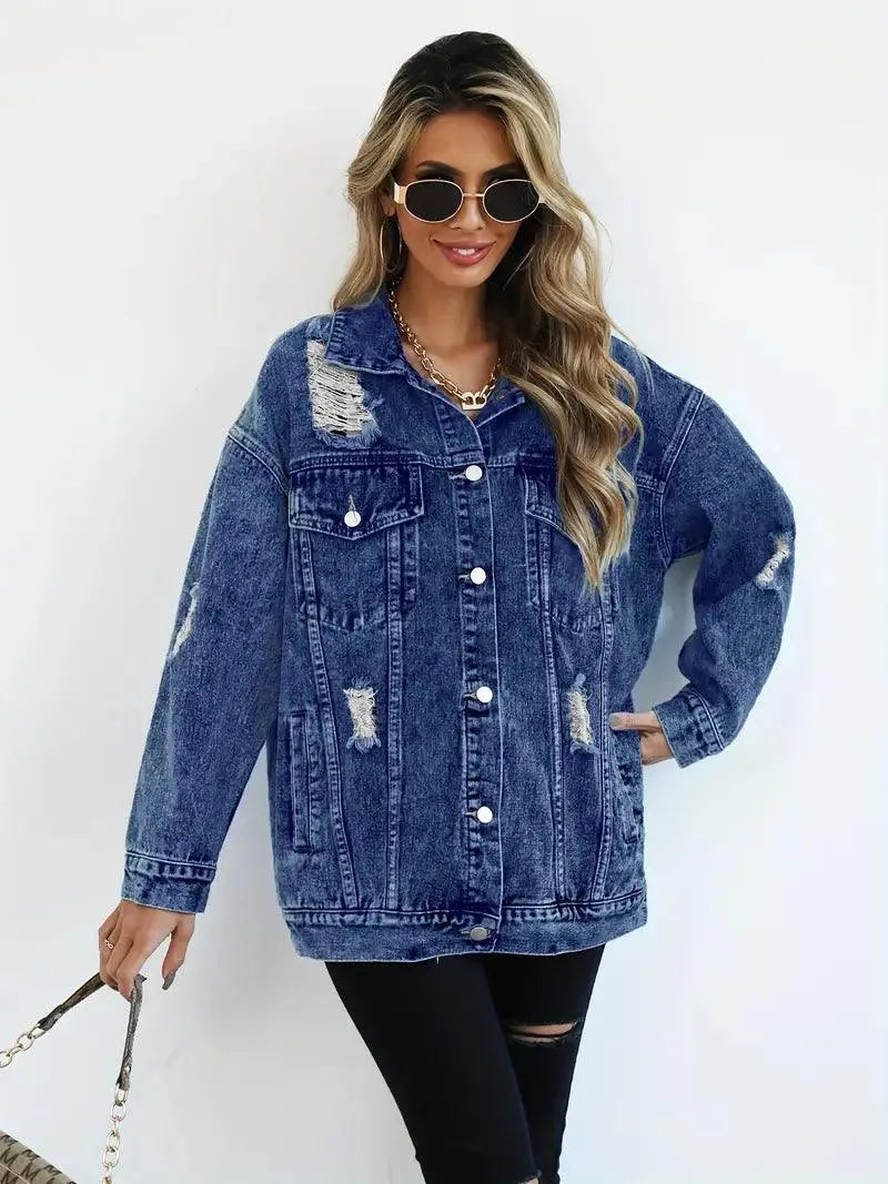Waterproof & Lined Oversized Women's Denim Jacket with Hood – Talia-Dark blue-S-The Livary