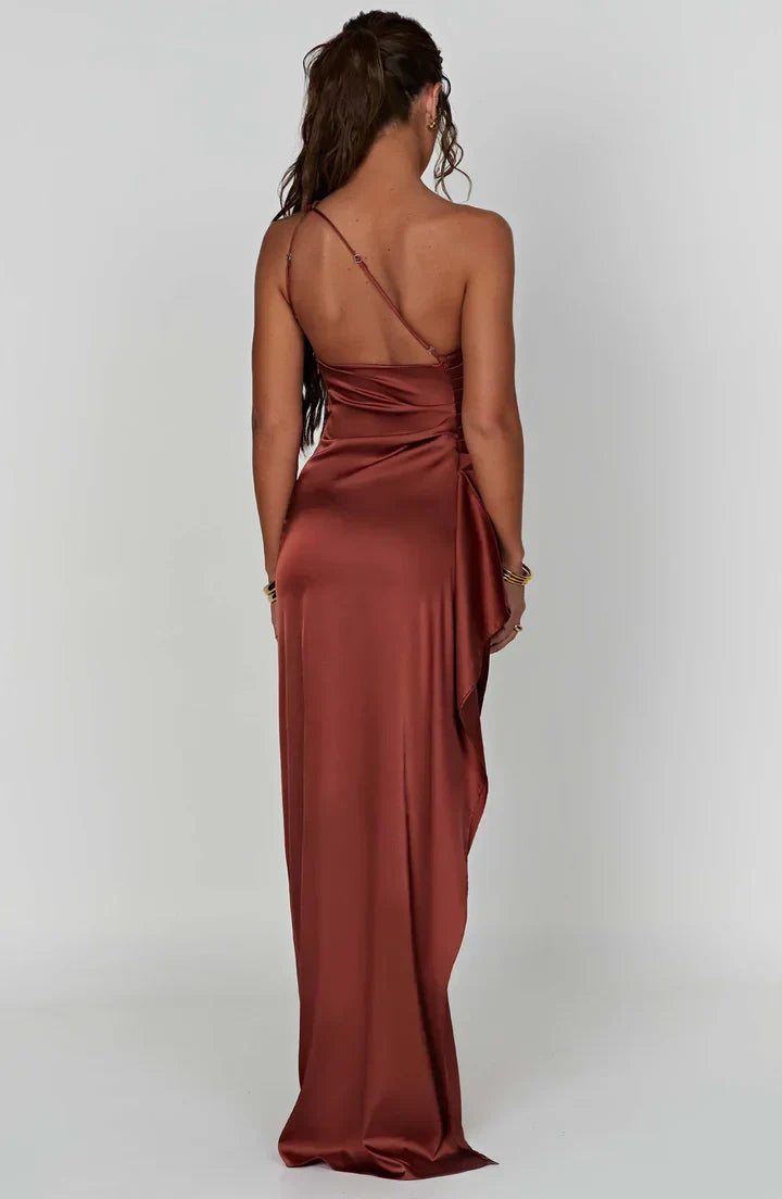 Satin Split Dress with One Shoulder - Vivienne-Red-XS-The Livary