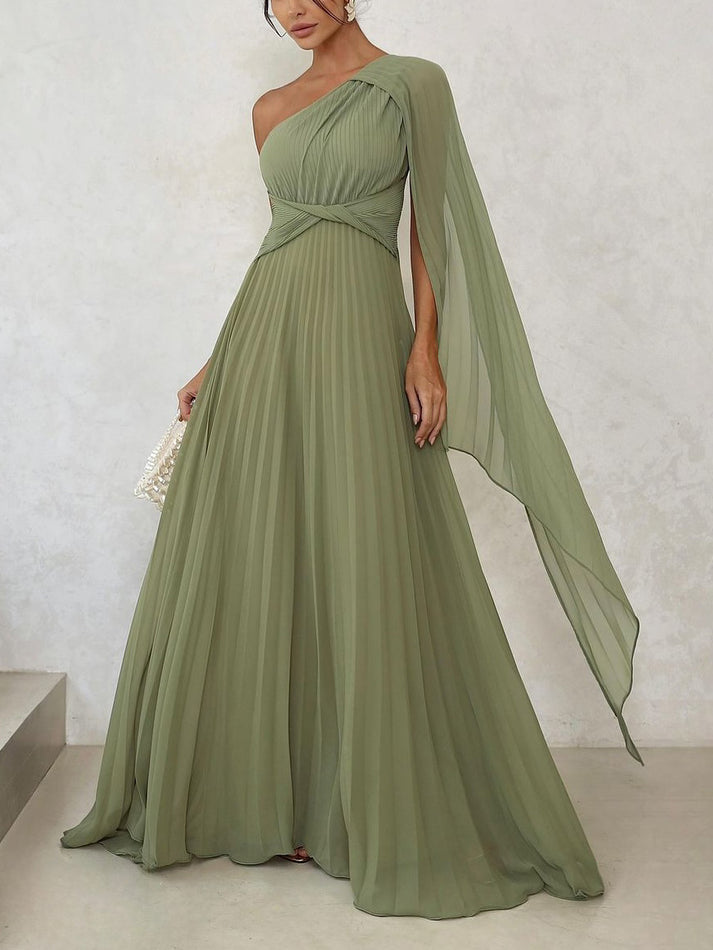 Trendy one-shoulder maxi dress with pleats – Mirella-Green-XS-The Livary