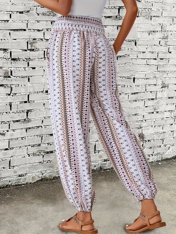 Boho High-Waist Women's Trousers with Print & Smocked Waistband – Linara-Dark brown-S-The Livary