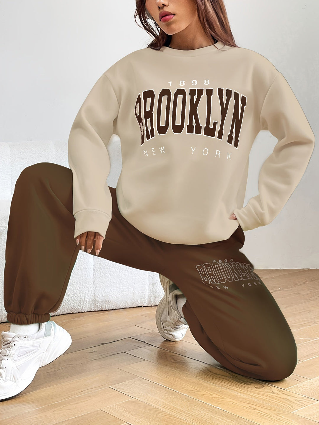 Two-piece Jogging Suit with Trendy Letter Print - Isabelle-Brown-S-The Livary