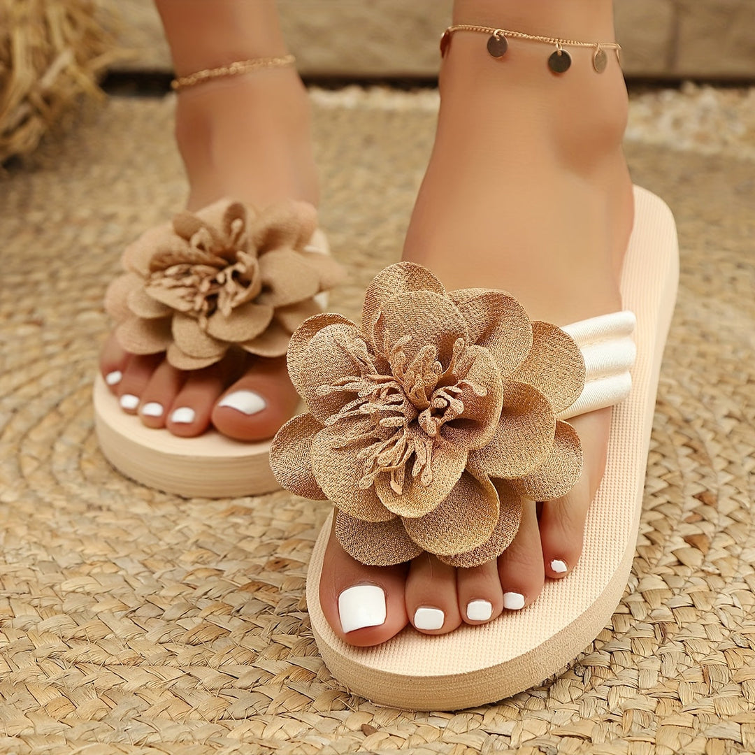 Stylish women's slippers with floral detail for summer - FlowerStep-Khaki-3-The Livary