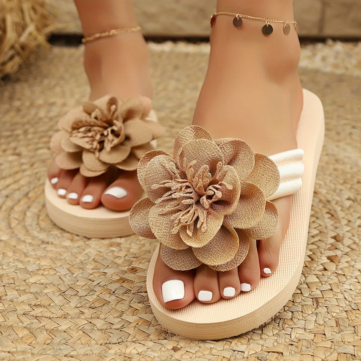Stylish women's slippers with floral detail for summer - FlowerStep-Khaki-3-The Livary