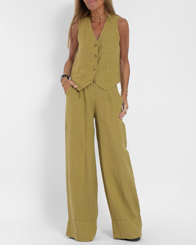 Linen 2-Piece Set with Wide Trousers and Jacket – Alma-Yellow-S-The Livary