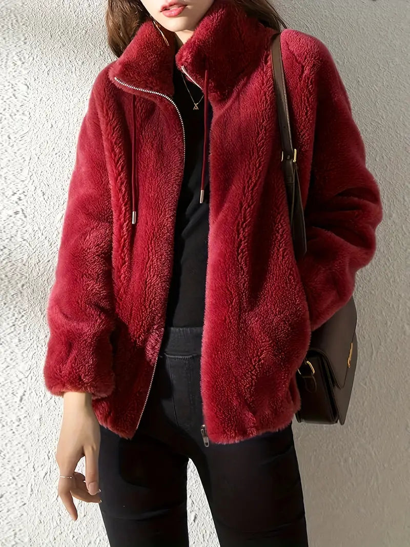 Hooded Teddy Jacket with Drawstring and Zip - Isla-Red-S-The Livary