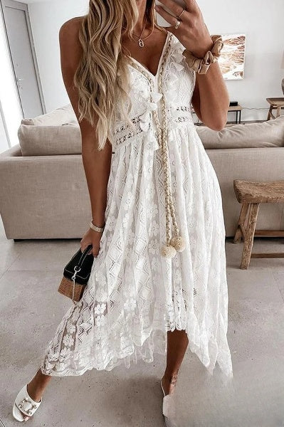 White Crocheted Fringed Dress - Élodie-S-The Livary