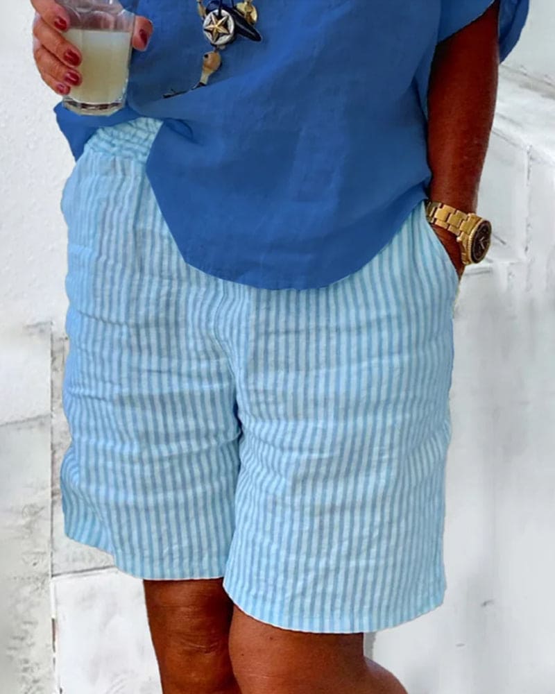 Striped Cotton-Linen Women's Shorts – Nina-Blue-S-The Livary