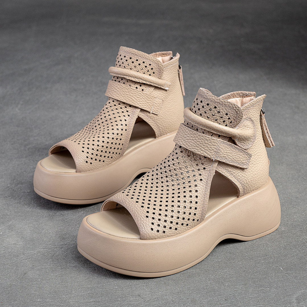Orthopaedic leather sandals for women with shock-absorbing sole – Meike-Beige-2.5-The Livary