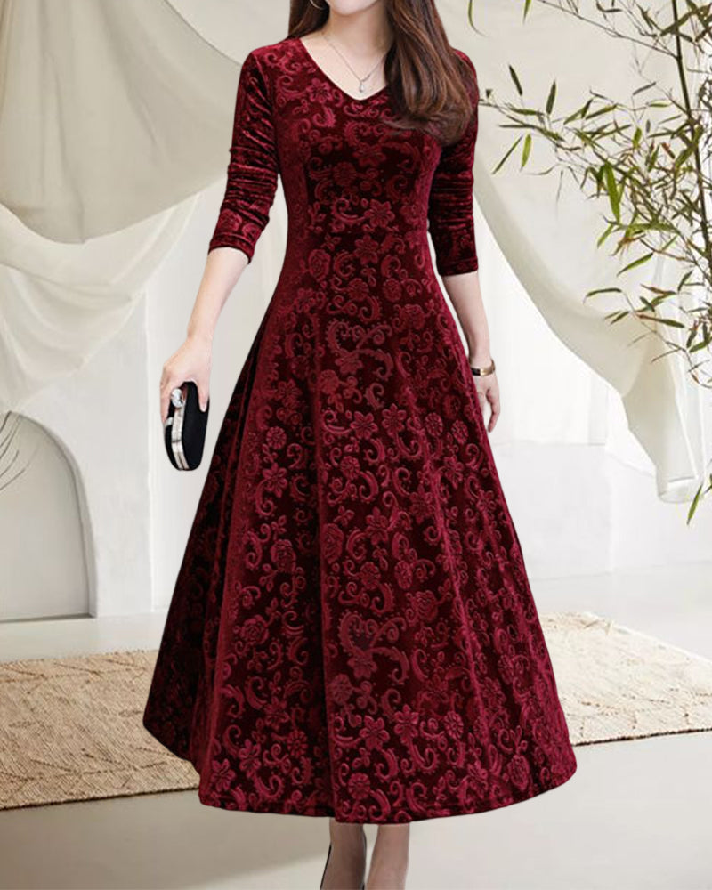 Velvet Midi Dress with Long Sleeves - Selina-Red wine-M-The Livary