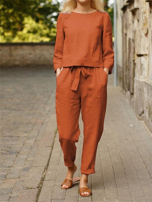 Two-piece women's outfit with round neck t-shirt & trousers with elastic waistband – Nia-Orange-S-The Livary